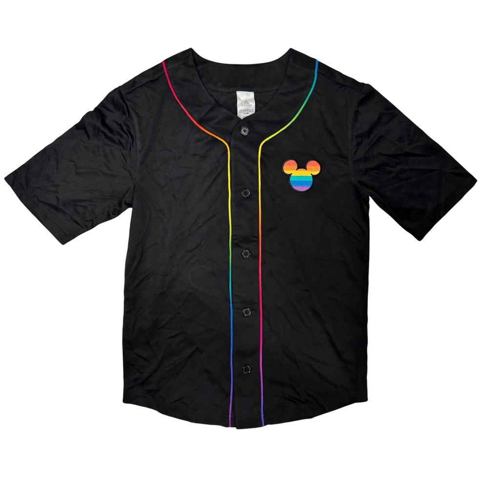 Disney Pride Mickey Mouse Baseball Jersey Black Rainbow Logo XS Short Sleeve